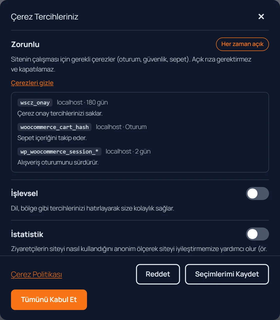 Tercih paneli — kategori anahtarları ve çerez detayları