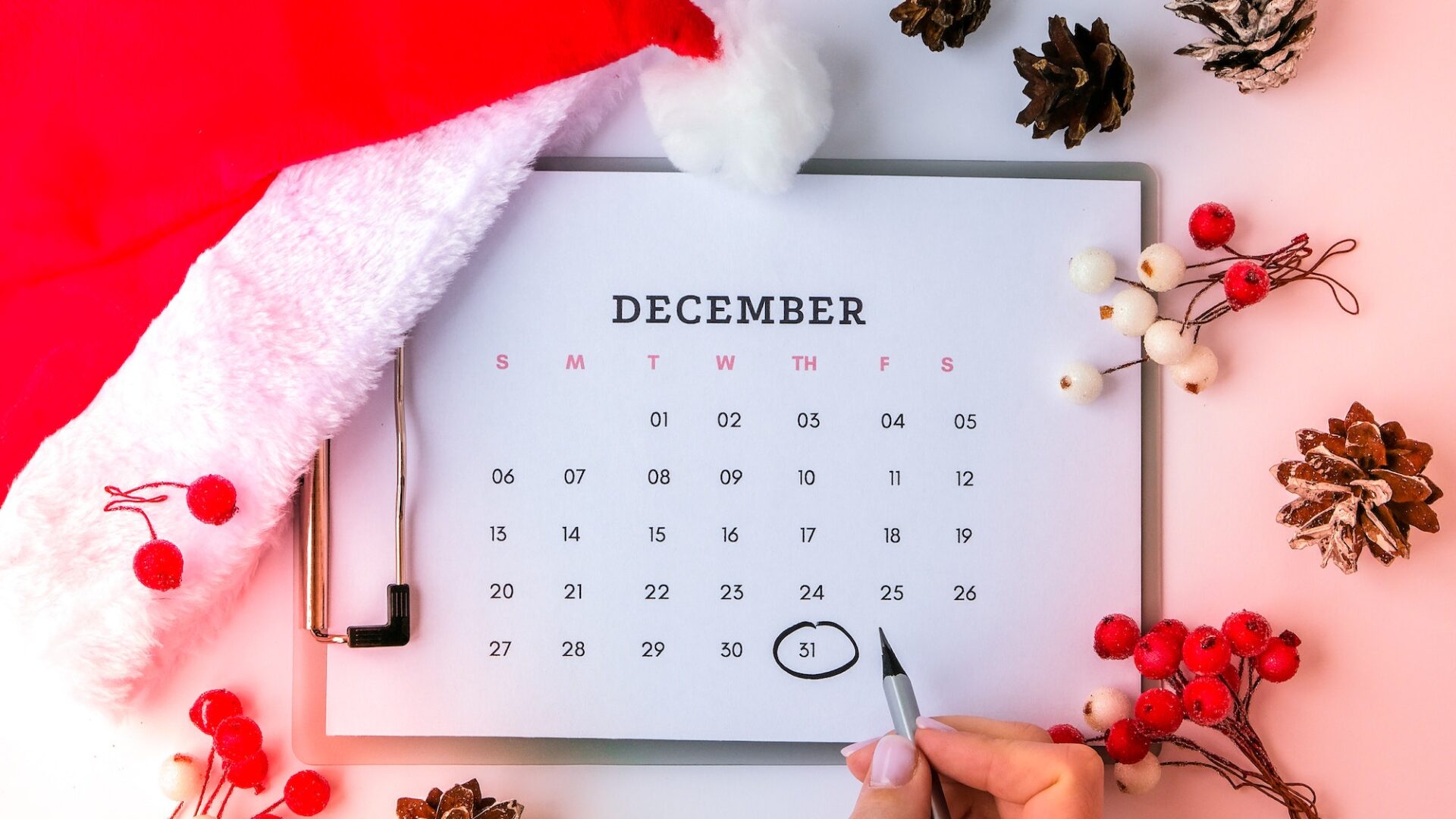 New year and christmas decorations flat lay. Top view. Calendar december month. Planning holidays. N