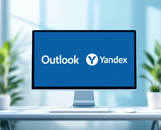 Microsoft Outlook ve Yandex Mail entegrasyonunu temsil eden kapak görseli, bilgisayar ekranı ve iki platformun logolarını içeriyor.