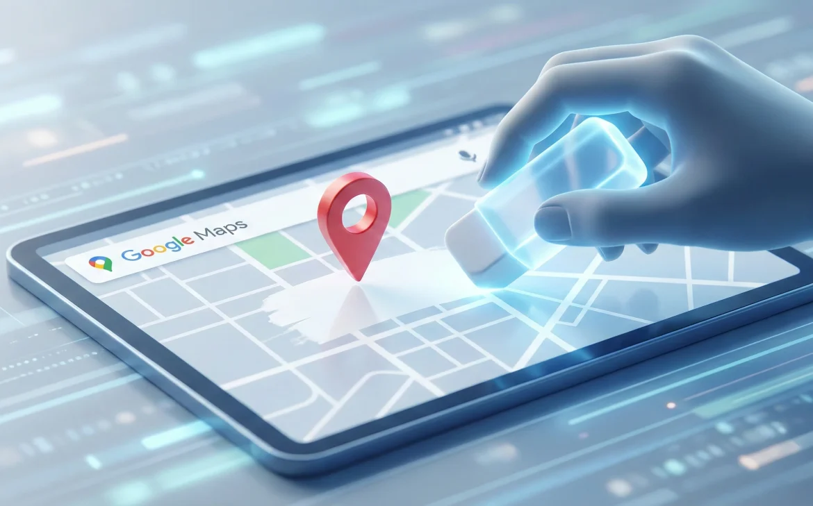 Bir tablet ekranındaki Google Haritalar arayüzü üzerinde, dijital bir elin parlak bir silgi ile kırmızı bir konum iğnesini tamamen silerek yok etmesini gösteren fütüristik illüstrasyon.