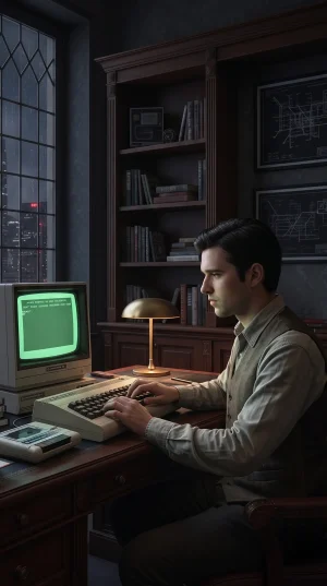 Yağmurlu bir gecede, ahşap çalışma masasında retro model yeşil ekranlı bir bilgisayar (Commodore 64 benzeri) kullanarak kod yazan genç adam.