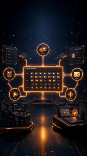 Growth medya paketi için yapay zeka ve otomasyon destekli içerik takvimi, çoklu kanal (sosyal medya, blog, video, e-posta, podcast) entegrasyonu ve dijital medya yönetimini gösteren fütüristik kontrol paneli.