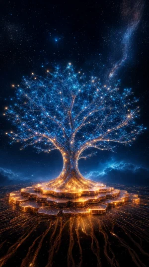 Growth GEO paketi için çok katmanlı altın renkli altıgen bir teknoloji temelinden yükselen ve uzaya doğru genişleyen, karmaşık veri ağlarına sahip devasa mavi ışıklı dijital ağaç.