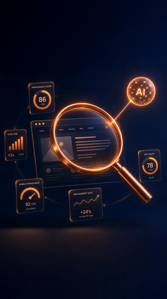 Web sitesi ve marka analizi hizmetini simgeleyen; bir web sitesi arayüzü üzerinde detaylı inceleme yapan büyüteç ve etrafında yapay zeka, SEO, performans, mobil uyumluluk metriklerini gösteren neon ışıklı dijital veri panelleri.