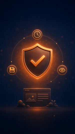 Starter WordPress destek paketi için web sitesi arayüzü üzerinde parlayan onaylı güvenlik kalkanı, yedekleme, 7/24 izleme ve zaman yönetimini simgeleyen neon ışıklı dijital koruma konsepti.