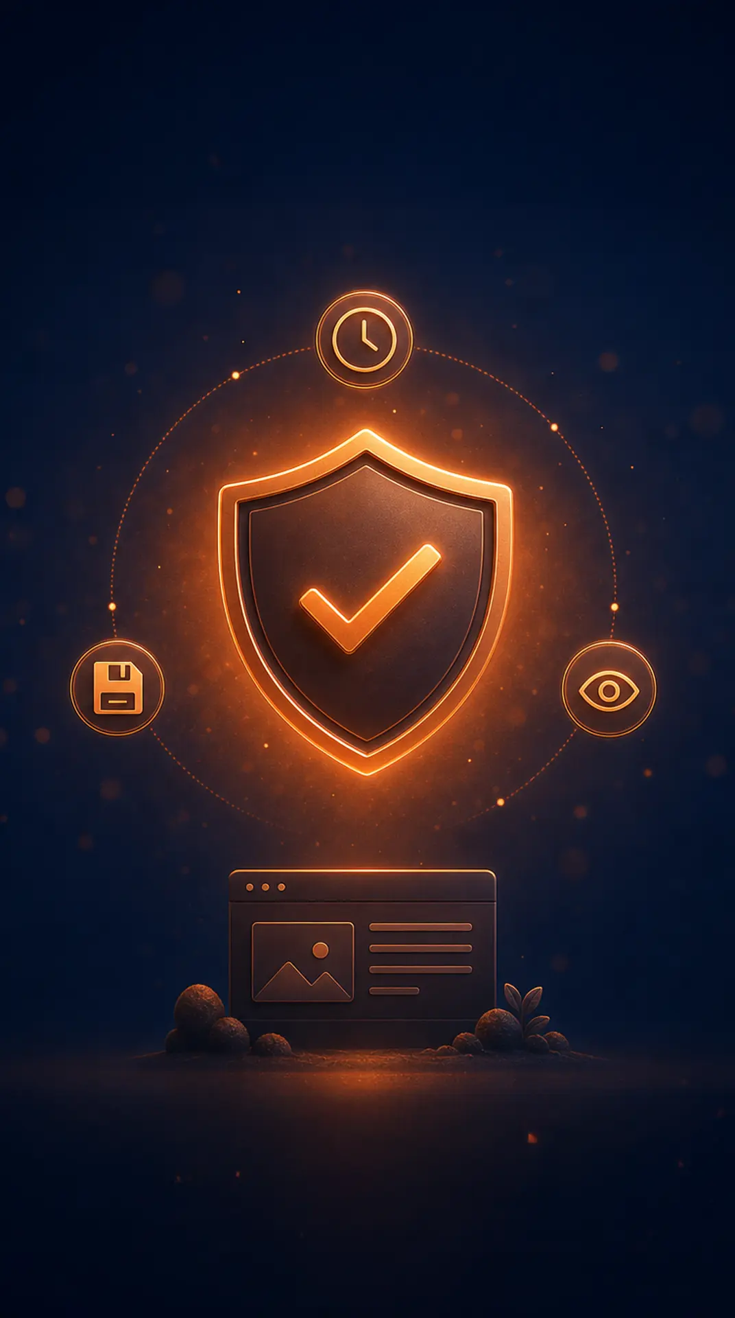 Starter WordPress destek paketi için web sitesi arayüzü üzerinde parlayan onaylı güvenlik kalkanı, yedekleme, 7/24 izleme ve zaman yönetimini simgeleyen neon ışıklı dijital koruma konsepti.