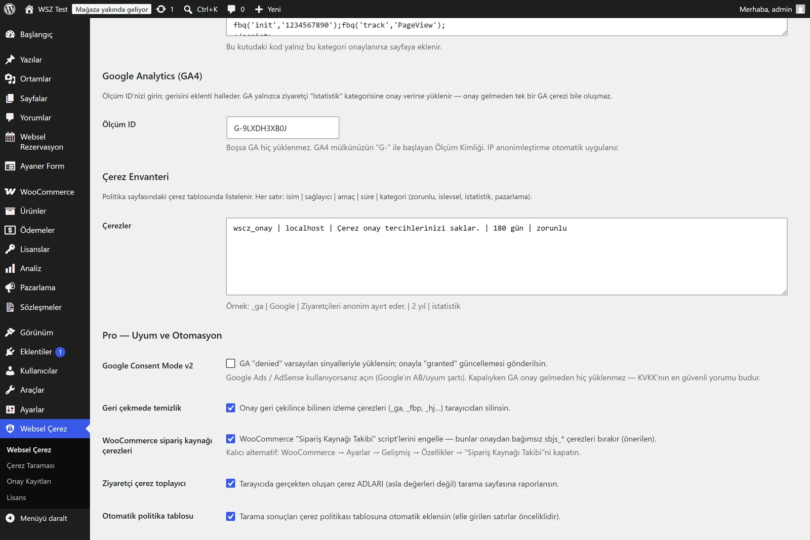 Pro ayarları — Consent Mode, temizlik, sbjs engelleme, toplayıcı