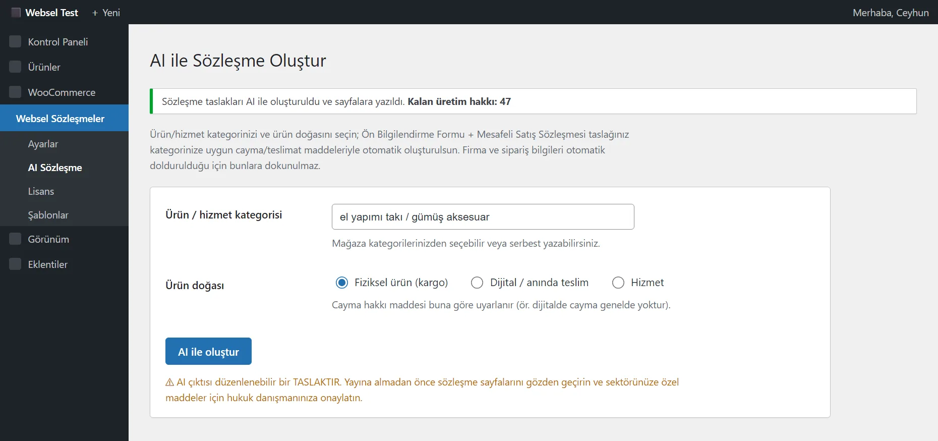 AI ile sözleşme taslağı oluşturma ekranı