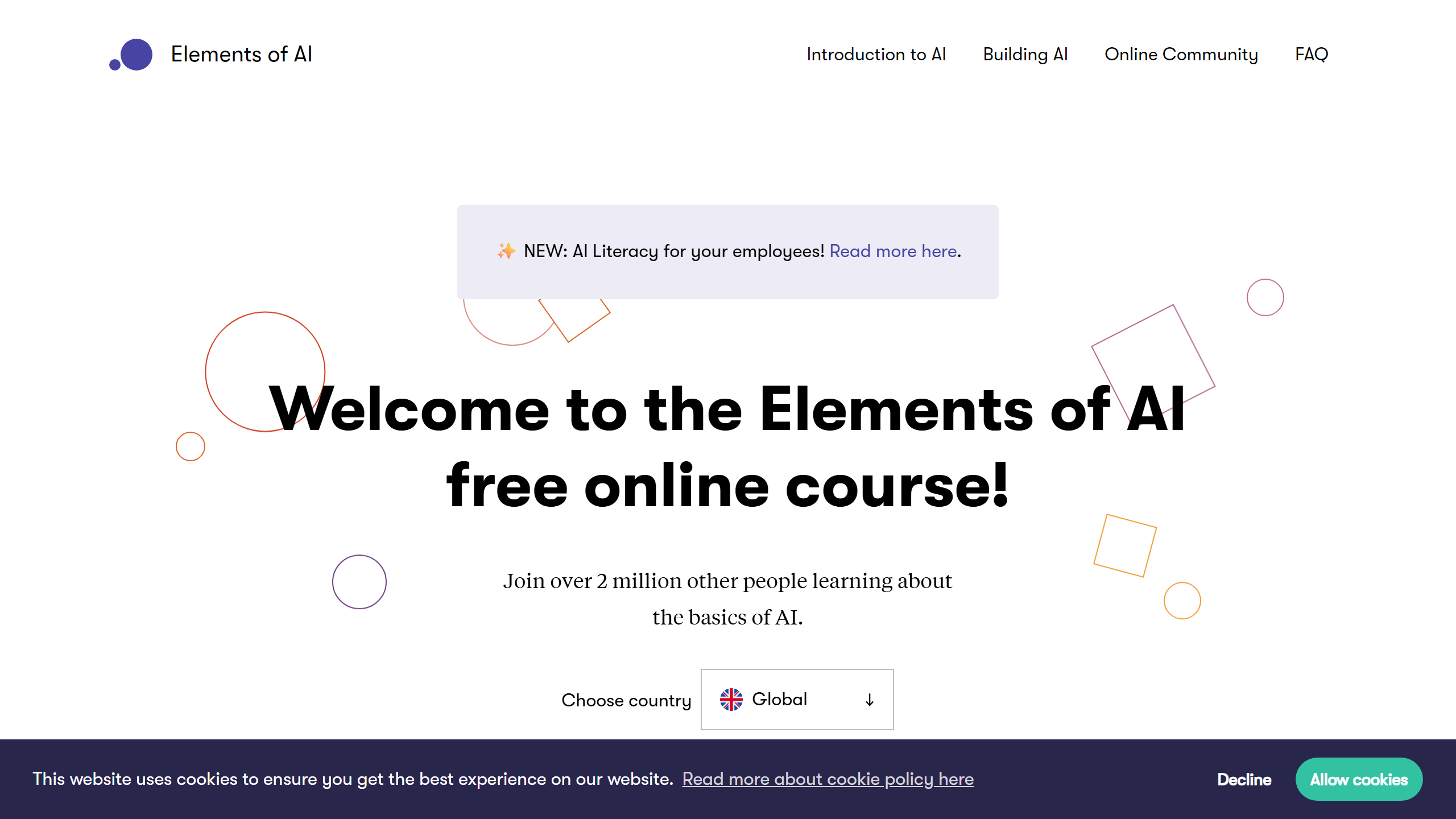 Elements of AI ücretsiz yapay zeka kursu ana sayfası