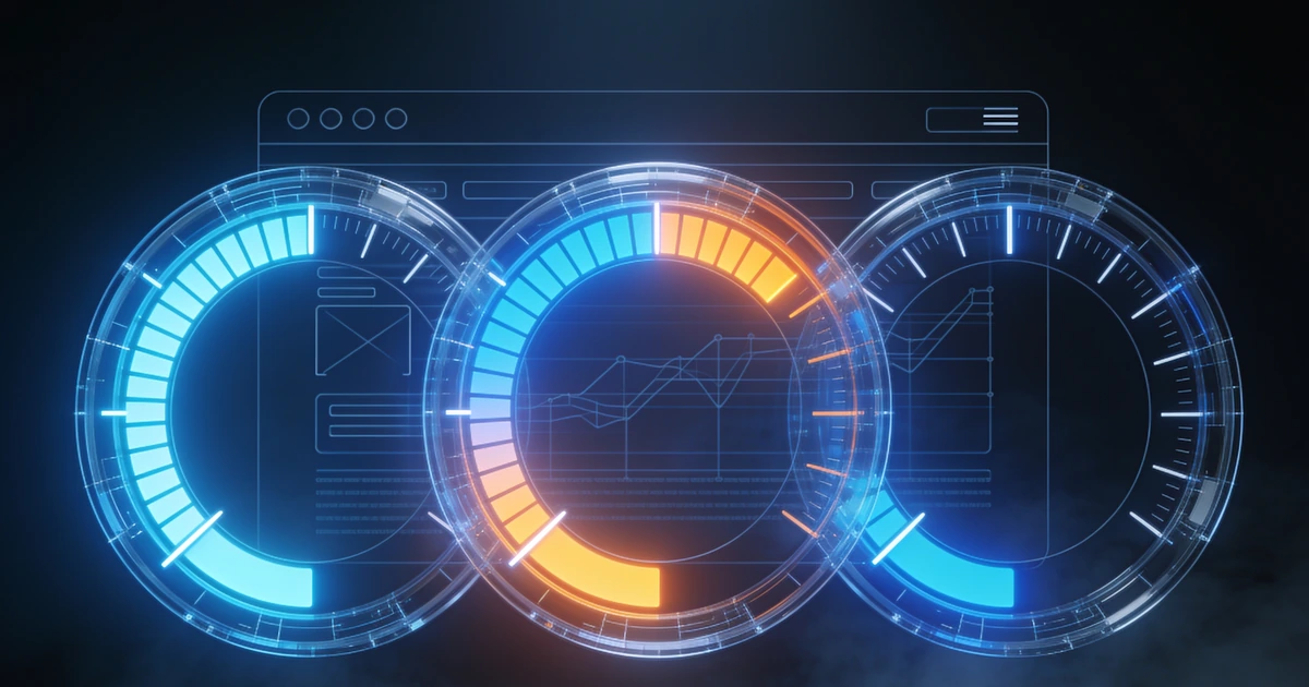 Uc adet parlayan dairesel performans gostergesi, Core Web Vitals LCP INP CLS kapak gorseli