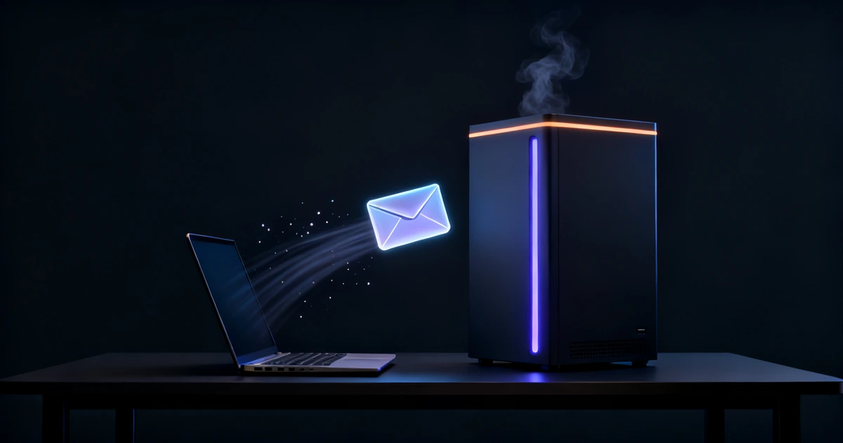 Microsoft 365 IMAP ve POP3 e-posta kurulumu - laptoptan sunucuya uçan zarf ikonu, koyu navy sahne