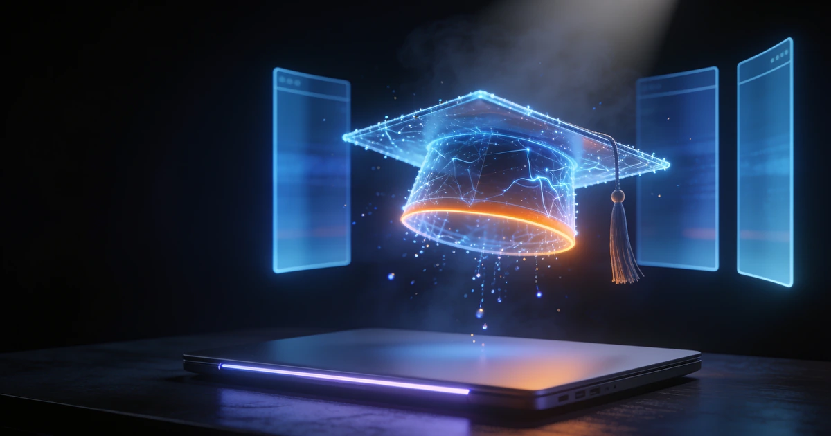 Dizustu bilgisayarin uzerinde parlayan mezuniyet kepi hologrami, ucretsiz yapay zeka kurslari kapak gorseli