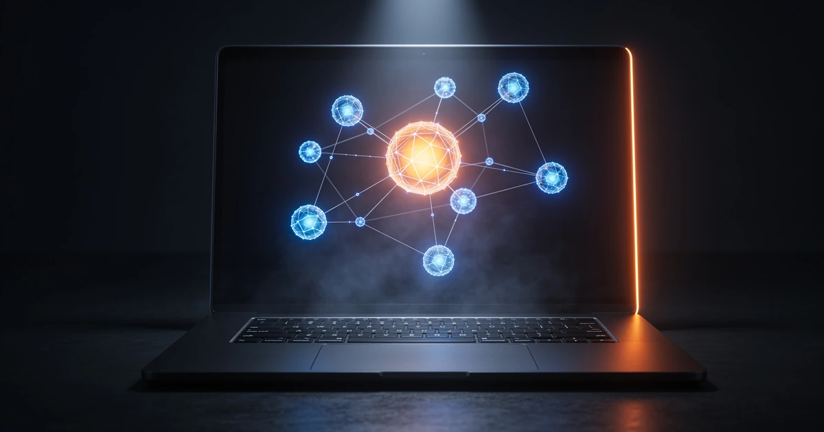 Dizustu bilgisayarin uzerinde parlayan baglantili dugumlerden olusan bilgi grafigi hologrami