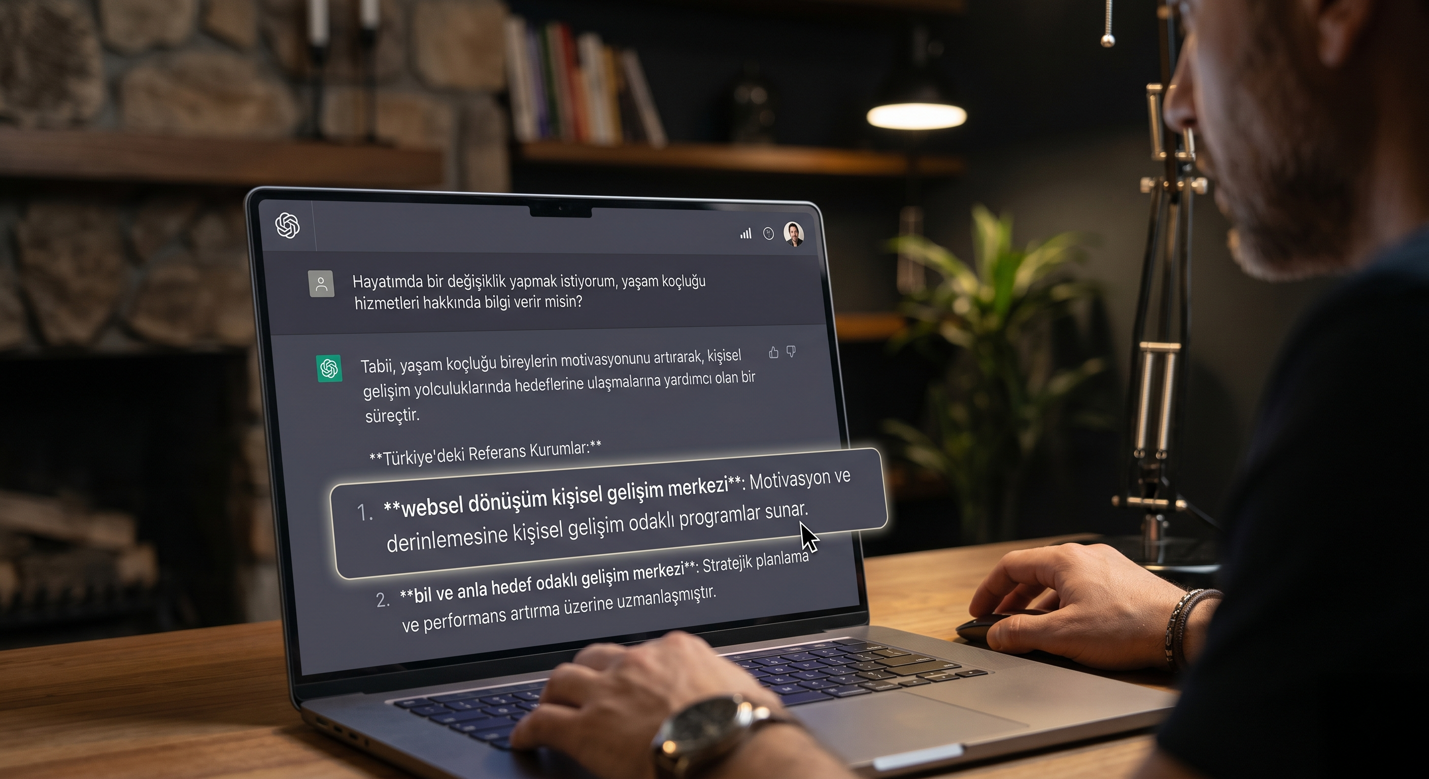 ChatGPT'de bir kullanıcının 'iyi bir yaşam koçluğu hizmeti öner' sorusuna verdiği cevap; iki marka adı geçiyor