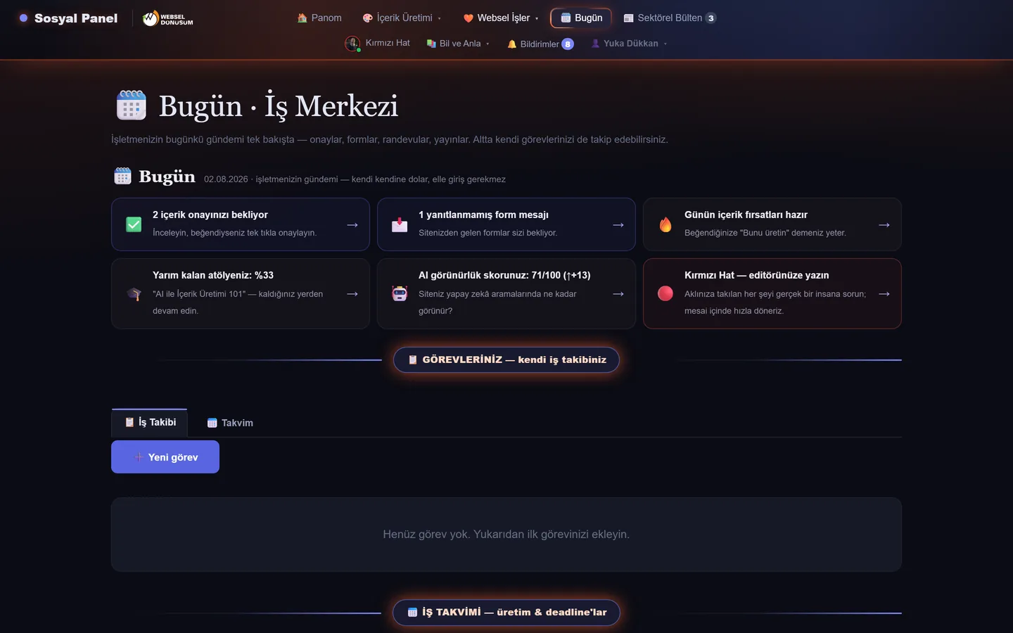 Bugün · İş Merkezi — Sosyal Panel ekran görüntüsü