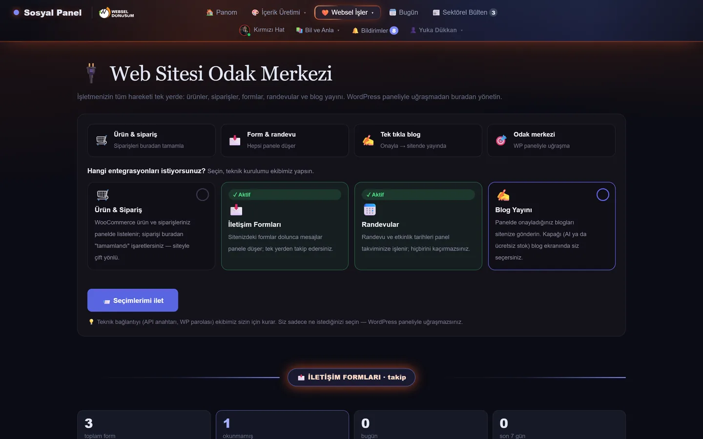Web Sitesi Odak Merkezi — Sosyal Panel ekran görüntüsü