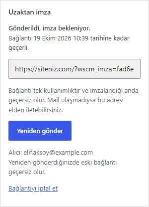 Sözleşme ekranındaki Uzaktan imza kartı: bağlantı, geçerlilik, yeniden gönder ve iptal