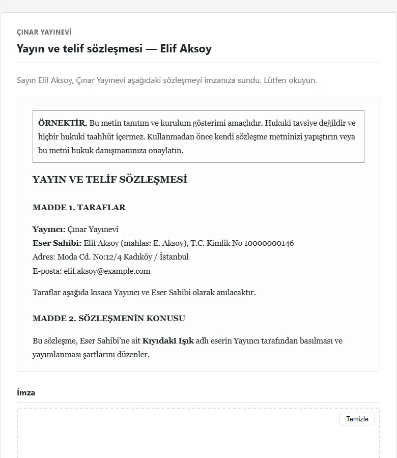 Karşı tarafın imza sayfası: sözleşme metni